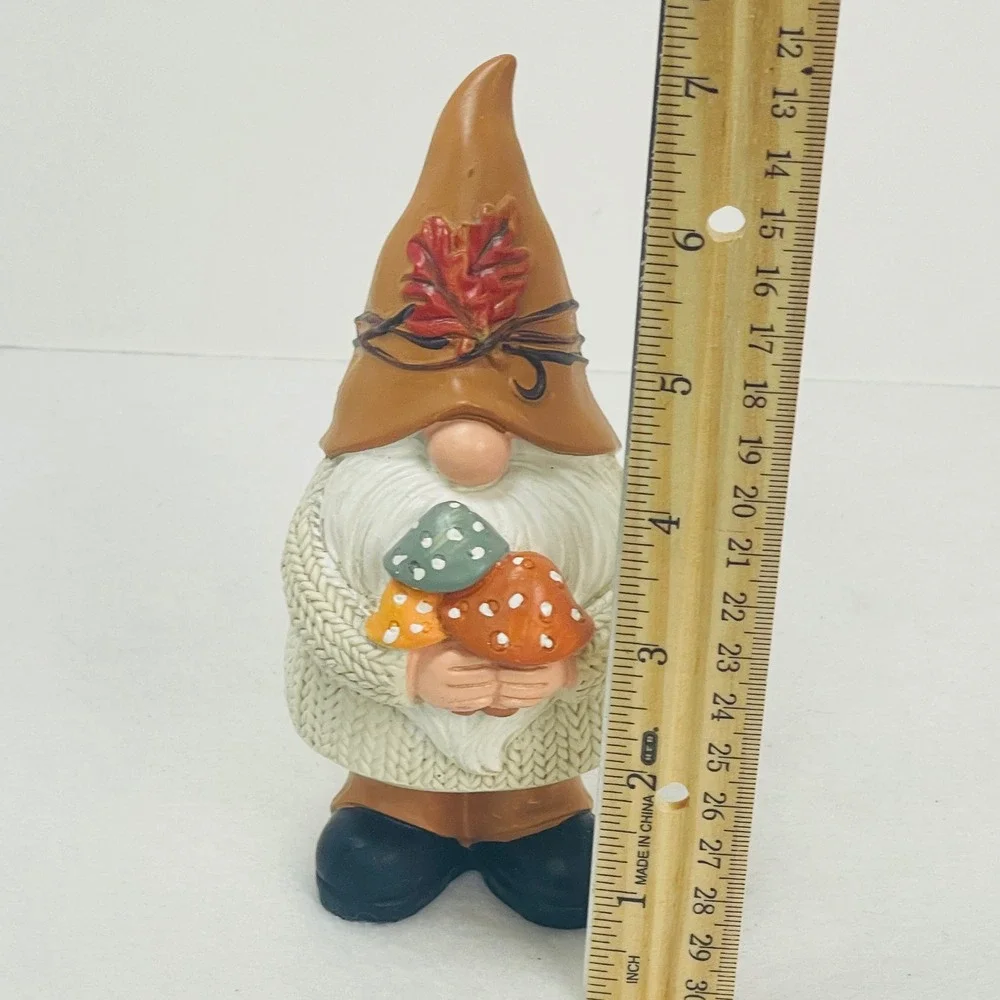 Fall Gnome Figurine Autumn Decor Cable Knit Sweater Mushrooms Brown Hat 6.5 Inch